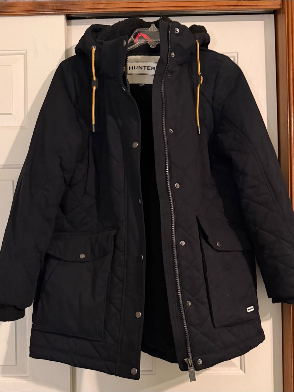 Hunter Black Quilted Hooded Puffer Coat with Yellow Drawcords
